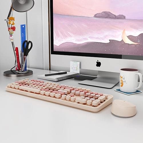 Wireless Keyboard and Mouse, KOOTOP Cute Keyboard and Mouse, 2.4G Wireless Keyboard with Retro Round Keycap for PC, Mac, Laptop,Computer Windows (Milk Tea) thumbnail 9