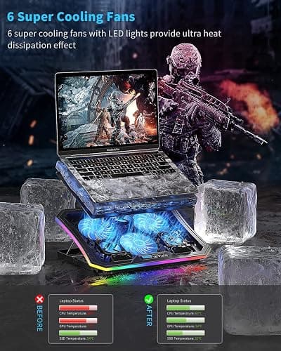 KeiBn Upgarde Laptop Cooling Pad, RGB Lights Laptop Cooler 6 Fans for 15.6-17.3 Inch Laptops, 7 Height Stands, 10 Modes Light, 2 USB Ports, Desk or Lap Use (A8,Blue) thumbnail 2