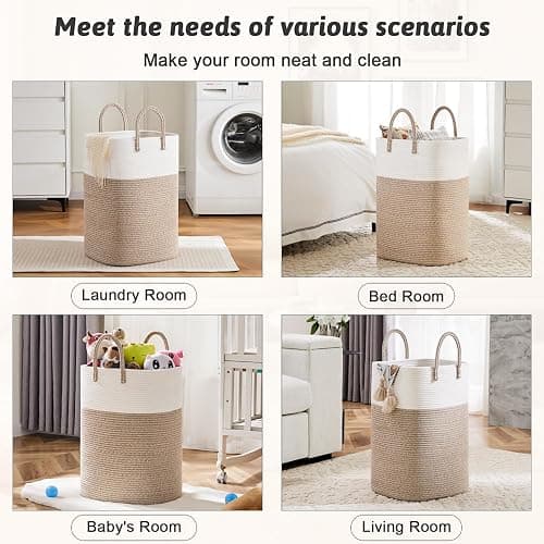 Laundry Basket,Woven Cotton Rope Laundry Hamper,Versatile Storage for Dirty Clothes,Baby Toys,and Blankets in Bathroom, Nursery,and Living Room (Brown, 100L) thumbnail 5