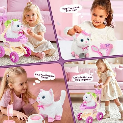 G.C Cat Toys for Kids Girls, Electronic Interactive Stuffed Cat Walk Meow and Wag Tail with Stroller Pet Care Accessories Toys Pretend Play Birthday Gifts for Toddlers Girls 3 4 5 6 7 8 Year Old thumbnail 7
