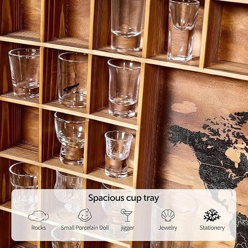 Tristcily Large Shot Glass Display Case with World Map,60 Slots, 34 X 26 Inch Rustic Wood Shot Glass Display Cabinet for 2 Size -In Rooms Bars Wine Cellars with Shot Glasses Jewelry Shell & Keepsakes thumbnail 4