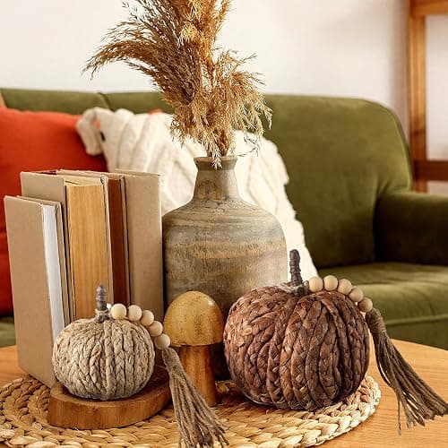 Wesiti 3 Pcs Rattan Pumpkin with Tassel Beads Boho Neutral Fall Thanksgiving Decor Handmade Artificial Woven Pumpkin Table Centerpieces Farmhouse Autumn Decorations for Indoor Mantel Harvest Halloween thumbnail 7