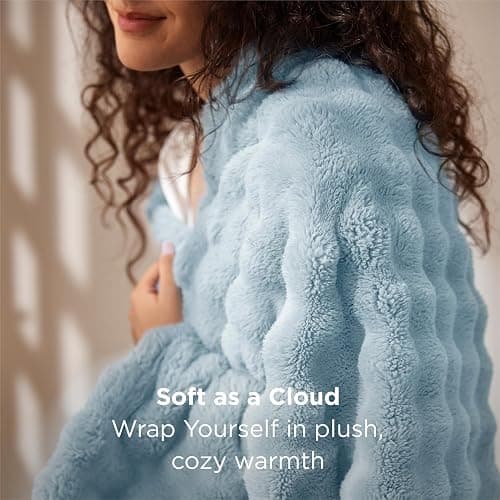Bedsure 3D Fleece Bubble Blanket for Couch - GentleSoft Blue Throw Blanket for Sofa Bed Room Decor - Luxury Soft Cozy Gifts for Women Girls, Lightweight, All Seasons, Light Blue, 50"×60" thumbnail 4