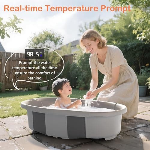 Collapsible Baby Bathtub - Large Baby Bath Tub with Thermometer & Cushion | Travel Portable Newborn Infant Bathtub | Foldable Toddler Bathtub for Baby 0 to 36 Months (Grey) thumbnail 5