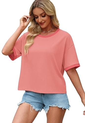 WIHOLL Womens T Shirts Loose Fit Short Half Sleeve Crew Neck Oversized Tshirts Color Block Summer Tops Fashion 2026 thumbnail 3