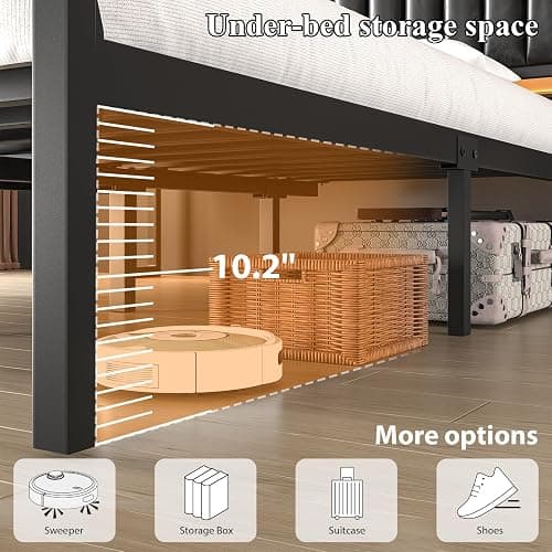 Full Size Bed Frame and Upholstered Storage Headboard, LED Light, Black | Built-in Charging Station, Wheeled Under-bed Drawers, Heavy-Duty Metal Slats, Noise-Free, Easy Assembly, No Box Spring Needed thumbnail 5