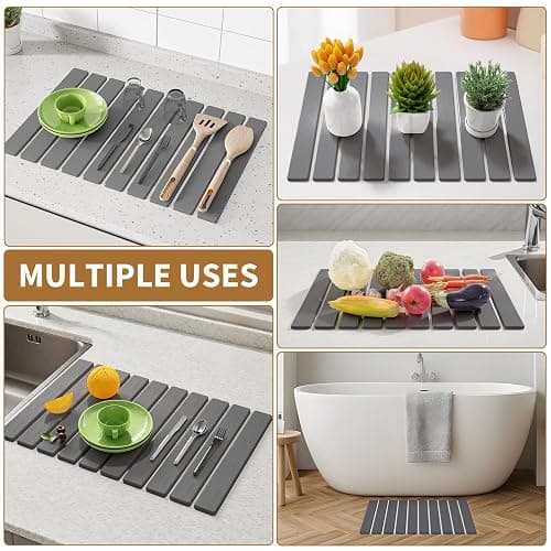 Stone Dish Drying Mats for Kitchen Counter,23.6''x15.3'' Foldable Quick Dry Stone Mat Kitchen,Eco-Friendly,Absorbent Diatomaceous Earth Mats for Dishes Bottles Cups Bathroom Any Countertop-Dark Gray thumbnail 6