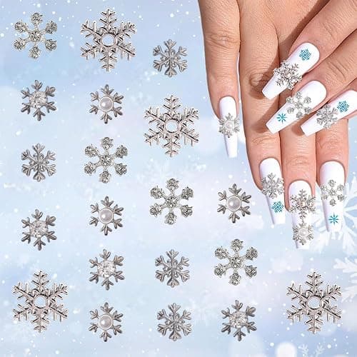 Muorruo 20 Pieces Christmas Nail Charms, Silver Snowflake Nail Rhinestones for Nail Art, Cute Winter Pearl Nail Decorations, Festive Snowflake Bling Nail Charms - Image 1