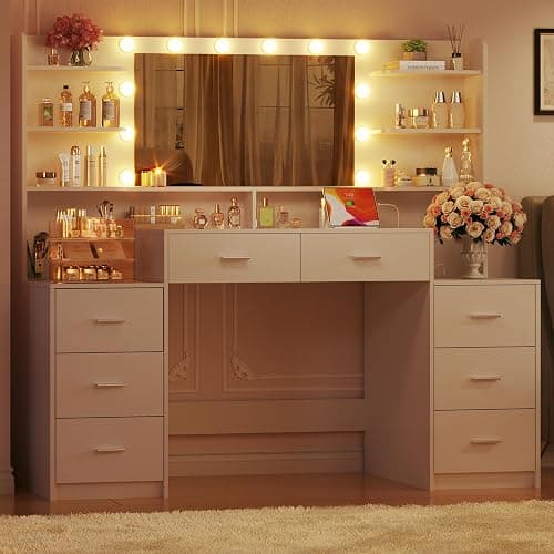HUAHUU Large Vanity Desk with Mirror & Lights, White Makeup Vanity with 8 Drawers & 6 Storage Shelves, Vanity Set with LED Lights and Power Outlet, 3 Lighting Modes, Adjustable Brightness thumbnail 5