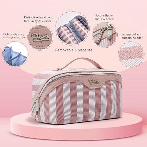 BOYATU Travel Makeup Bag for Women: Large Cosmetic Bag Set of 3 - PU Leather Make up Bag with Compartments - Compact Waterproof Toiletry Bag with Divider & Handle (B-1-Pink) thumbnail 4