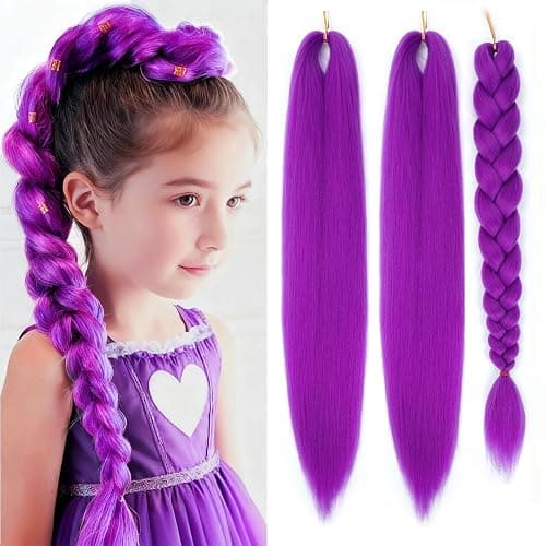 Purple Braiding Hair 24 Inch 3 Packs Braiding Hair Pre Stretched Colored Hair Extensions for Twist or Box Braids Hot Water Setting Soft Yaki Texture Long Synthetic Crochet Braids(24Inch, Purple) - Image 1