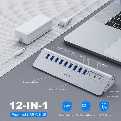 Powered USB Hub 10Gbps, intpw 12-Port USB 3.2 Hub with USB A/USB C 3.2, 7 USB 3.0, 2 PD 45W Charging Port, 65W Power Adapter and 5FT Cable, Aluminum USB Hub for Laptop, iPhone 17/16/15/PC thumbnail 2