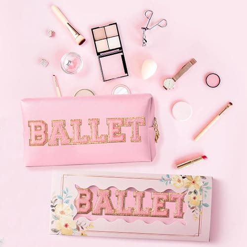 Y1tvei Ballet Cosmetic Bag for Girls - Preppy Patch BALLET Pink Chenille Letter Makeup Bag PU Leather Waterproof Portable Ballerina Makeup Pouch Dance Recital Travel Toiletry for Girl Dancer(Pink) thumbnail 3