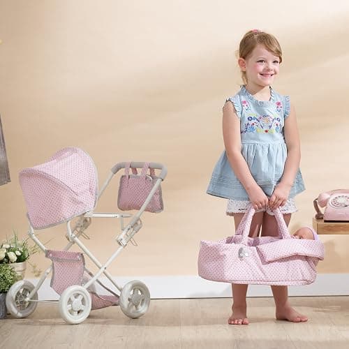 Olivia's Little World Buggy-Style Baby Doll Stroller with Retractable Canopy, Storage Underneath, Detachable Bassinet, Travel Nursery Bag, Comfortable to Push, Pink and Gray thumbnail 13