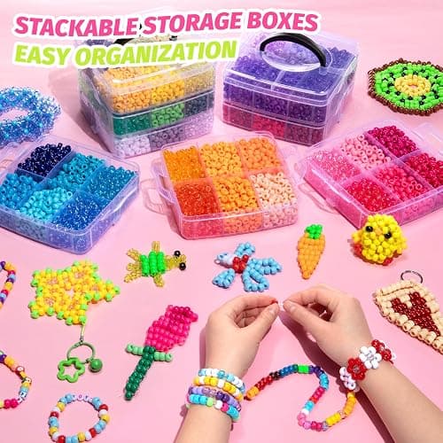 Simetufy 10000PCS Pony Beads Bulk, 48 Colors 6x9mm Kandi Beads for Bracelet Making Rave Kandi Hair Braiding Key Chains DIY Crafts Gifts (5.73LB, Stack Box) thumbnail 5