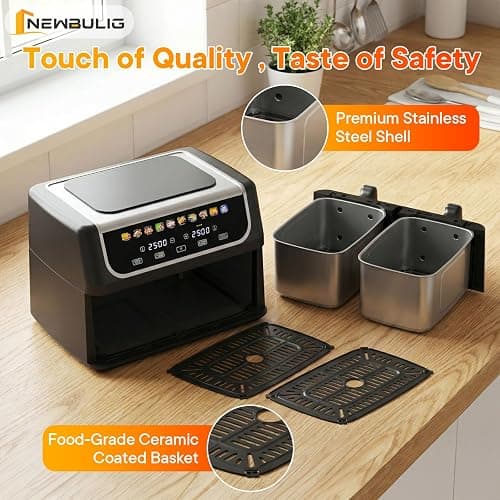 NEWBULIG Dual Air Fryer with 2 Baskets 9.5 QT, 10 in 1 Large Air Fryers with Ceramic Crisper Plate, Match Cook, Sync Finish, Shake Reminder, 80-450°F Wide Temp, Roast, Defrost, Dehydrate, Bake, Black thumbnail 9