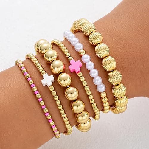 HUASAI Gold Bracelet Stack for Women Beaded Bow Bracelet Non Tarnish Chunky Stretch Paperclip Cross Pearl Bracelets Set Christmas Jewelry Gifts Stocking Stuffers for Teen Girls thumbnail 3