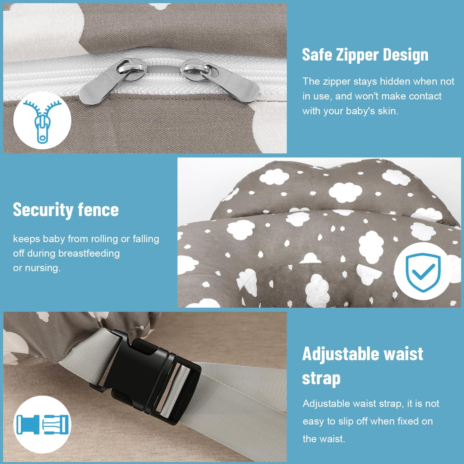 Nursing Pillow for Breastfeeding, Multifunctional Breast Feeding Pillow with Adjustable Waist Strap and Safety Fence, 100% Cotton Removable Pillowcase, Pregnancy Gift Grey thumbnail 4