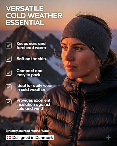 DANISH ENDURANCE Merino Wool Headband, with Thermal Inner Fleece, for Men and Women, Unisex, Black, M/L thumbnail 3