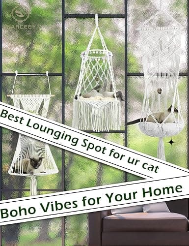 KARCEEY Macrame Cat Hammock Hanging Cat Bed with Catnip Cushion and Hanging Kit (1.Macrame Hammock with Bed) thumbnail 7