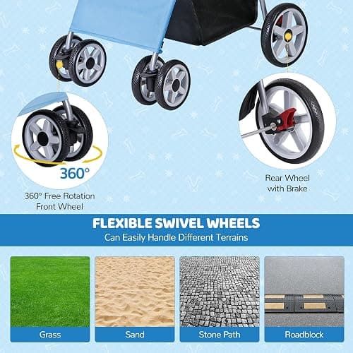 ZENY Foldable Pet Stroller, Cat/Dog Stroller with 4 Wheel, Pet Travel Carrier Strolling Cart with Storage Basket, Cup Holder (Blue) thumbnail 5