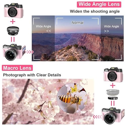VETEK Digital Cameras for Photography, 4K 48MP Vlogging Camera 16X Digital Zoom Manual Focus Students Compact Camera with 52mm Wide-Angle Lens & Macro Lens, 32G Micro Card and 2 Batteries (Pink) thumbnail 6