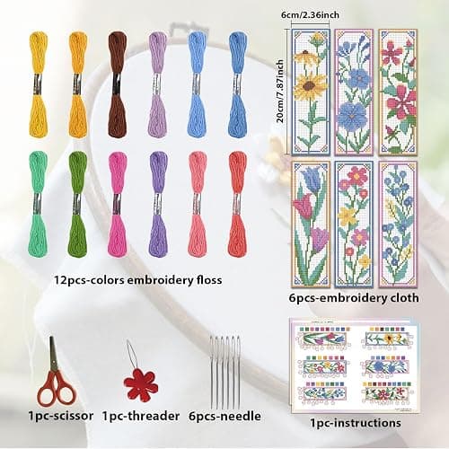 ORIGACH 6 Pcs Flower Cross Stitch Bookmark Kit for Beginner with Backing Felt Floss Instruction Sunflowers Tulip DIY Stamped Embroidery Bookmark Kit for Starter Adults Book Lovers thumbnail 2