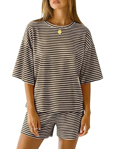 LOMON Two Piece Sets for Women Summer 3/4 Sleeve Tops and Elastic Waist Shorts Pajamas Cute Comfy Soft Lounge Striped Pjs - Image 1