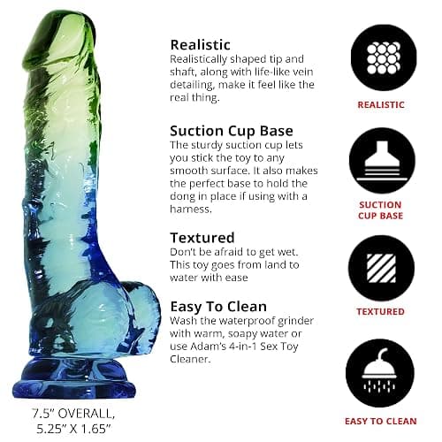 Adam & Eve Seaside Dreams Dildo, Realistic Soft Flexible Suction Cup, Lifelike Head and Veins, Hands Free Riding, Waterproof, Harness Compatible, Colorful Ombre Design, 7.5 Inch, Premium Pleasure Toy thumbnail 5