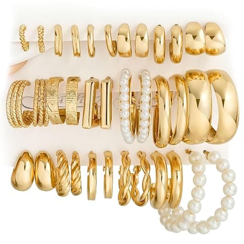 Gold Hoop Earrings Set for Women, 18 Pairs Hypoallergenic Statement Open Pearl Hoops Earring for Multipack, Gold Chunky Hoop Earrings for Women Trendy Jewelry - Image 1