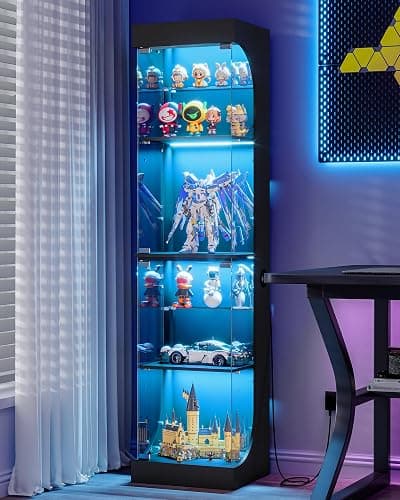 Display Cabinets with Glass Door and Colorful Lights , 4 Tiers, Black | Glass Display Intelligent Human Sensor, Display Case Bookcase for Living Room, Bedroom, for Collectibles Trophy thumbnail 9