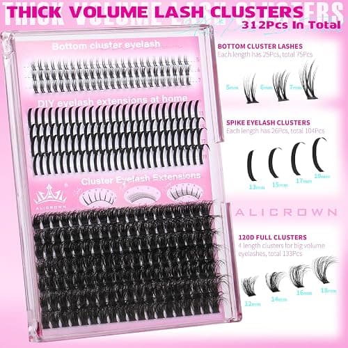 Volume Lash Clusters Spikes Eyelash Extensions Thick Lash Extensions DIY Eyelash Extensions at Home with Bottom Eyelash Clusters (12mm-19mm, 312Pcs in Total) thumbnail 3