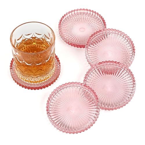 OGANAZI Modern Clear Pink Glass Coasters Set of 5 - Crystal Coasters for Drinks, Round, 4 Inch, Dishwasher Safe - Image 1