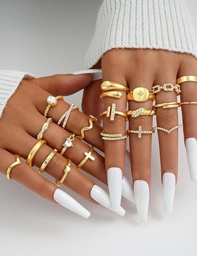 Gold Stackable Rings Set for Women, Gold Plated Chunky Crystal Finger Rings | Midi Stacking, Women's Rings, Dainty Statement Thumb Knuckle Rings Pack, Multiple Sizes Jewelry, Ideal Gift thumbnail 7
