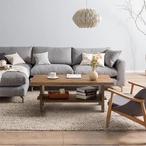 Farmhouse Wood Coffee Table - 43.4” Mid Century Modern Wooden Coffee Tables for Living Room, Solid Firwood Tabletop Rectangle Coffee Table, Center Table for Living Room, Brown - Brown thumbnail 5