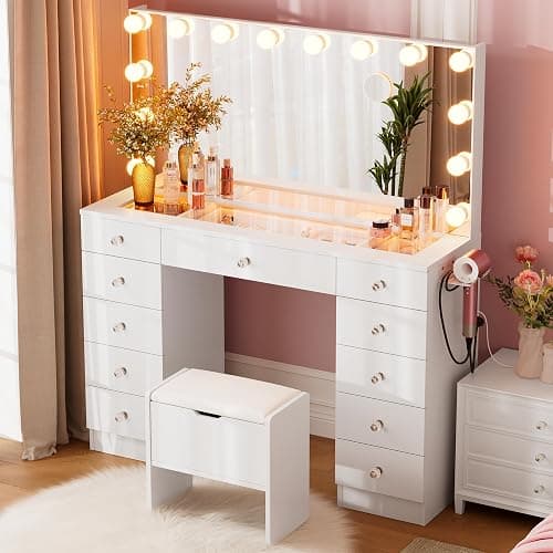 SMOOL Vanity with Mirror and Lights - 46" Vanity Desk with Outlet and 11 Drawers, 3 Color Lighting Modes Adjustable Brightness, Glass Top Makeup Table with Soft Cushioned Stool for Bedroom (White) - Image 1