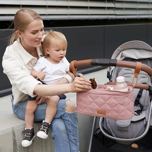Beautiful Stroller Caddy Organizer With 2 Cup Holders – Luxury Stroller Bag, Universal Fit, Leather Straps & Zipper Pocket – Spacious Accessories Perfectly Fits Doona, Nuna & Uppababy Strollers thumbnail 2