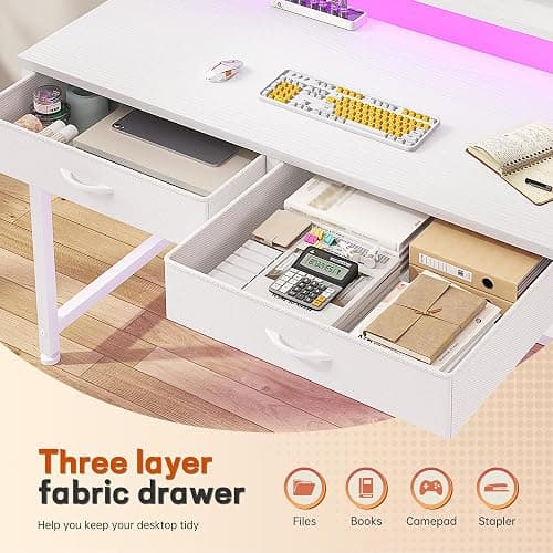 DurayLoly Computer Desk with 2 Drawers & LED Lights,39.4 Inch Home Office Desks with Side Pocket and Monitor Stand,Study Writing Table for Small Spaces,White thumbnail 4