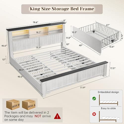 EnHomee King Size Bed Frame and Headboard & Storage, 4 Drawers and LED Built in Charging Station King Bed Frame with Storage Farmhouse,NO Noise,No Box Spring Needed,White thumbnail 2