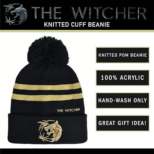 Concept One Unisex-Adult Netflix The Witcher Acrylic Knitted Cuff Beanie Hat with Gold Logo and Pom thumbnail 6