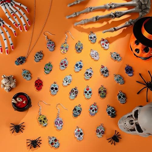 XJWWHZ 64Pcs Halloween Skull Charms, Halloween Alloy Charm Enamel Pendant Charms for Jewelry Making, Bracelet, Earring thumbnail 2
