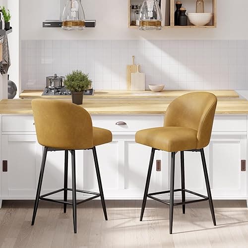 Daluvenix Counter Height Bar Stools Set of 2,360° Swivel Barstools with High Back and Metal Legs,26" Seat Height, Upholstered PU Leather Bar Chairs for Kitchen Island, Dining Room,Cafes,Yellow - Set of 2 - Yellow