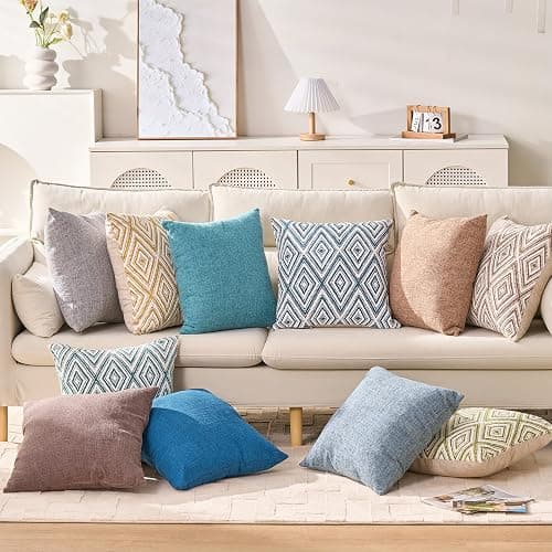 HPUK Throw Pillow Covers 18x18 Set of 4, Linen Look Textured Cushion Covers with Hidden Zipper, Decorative Pillow Covers for Couch Sofa Bed Living Room, Blue, Covers Only thumbnail 6