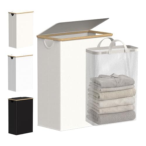 efluky Slim Laundry Basket with Lid, Narrow Laundry Hamper with Removable Bag, Skinny Dirty Clothes Basket with Bamboo Handles for Bathroom, Bedroom & Laundry Room, 65L Beige - Image 1