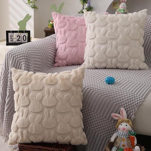 DFXSZ Easter Pillow Covers 18x18 inch Set of 2 Easter Decoration Cream White Rabbit Soft Plush Faux Fur Jacquard Throw Pillows for Bedroom Sofa Holiday Festivals Home Decor FHJ-010A18 thumbnail 5