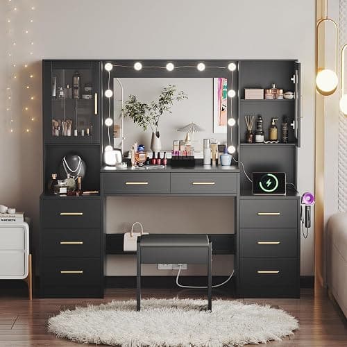 UGTOO Makeup Vanity Desk with Mirror and Lights, 58.3" Makeup Vanity with Lights & Charging Station, Dressing Table Vanity Set White Vanity Table with Cushioned Stool, 8 Drawers & 2 Cabinets Black thumbnail 9