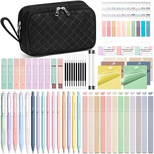62PCS Aesthetic School Supplies with Cute Pencil Case, Pastel Highlighters Black Ink Gel Pens Mechanical Pencils Kit, Back to School Supplies College Essentials Preppy Stationary Set for Student Girls - Image 1
