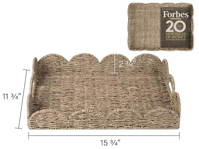 StorageWorks Rectangle Wicker Scalloped Tray, Rattan Serving Trays with Handles, Seagrass Basket for Decorative & Organizing, 15.75" L x 11.5" W x 2.75" H thumbnail 3
