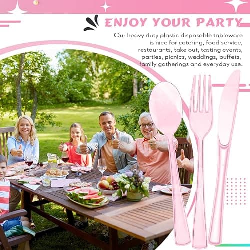 150 Pieces Disposable Cutlery Set Plastic Silverware Heavy Duty Utensil Sets 50 Forks 50 Knives 50 Spoons for Home Office School Party Picnics Restaurant Outdoor Events or Every Day Use (Pink) - Pink thumbnail 6