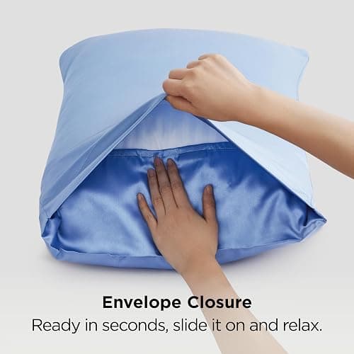 Bedsure Satin Pillowcases Standard Set of 2, Silky Pillow Cases, Sky Blue | Similar to Silk Pillow Cases, Decorative Covers, Room Decor, Gifts for Women Men, Envelope Closure, For Hair Skin, 20" x 26" thumbnail 7